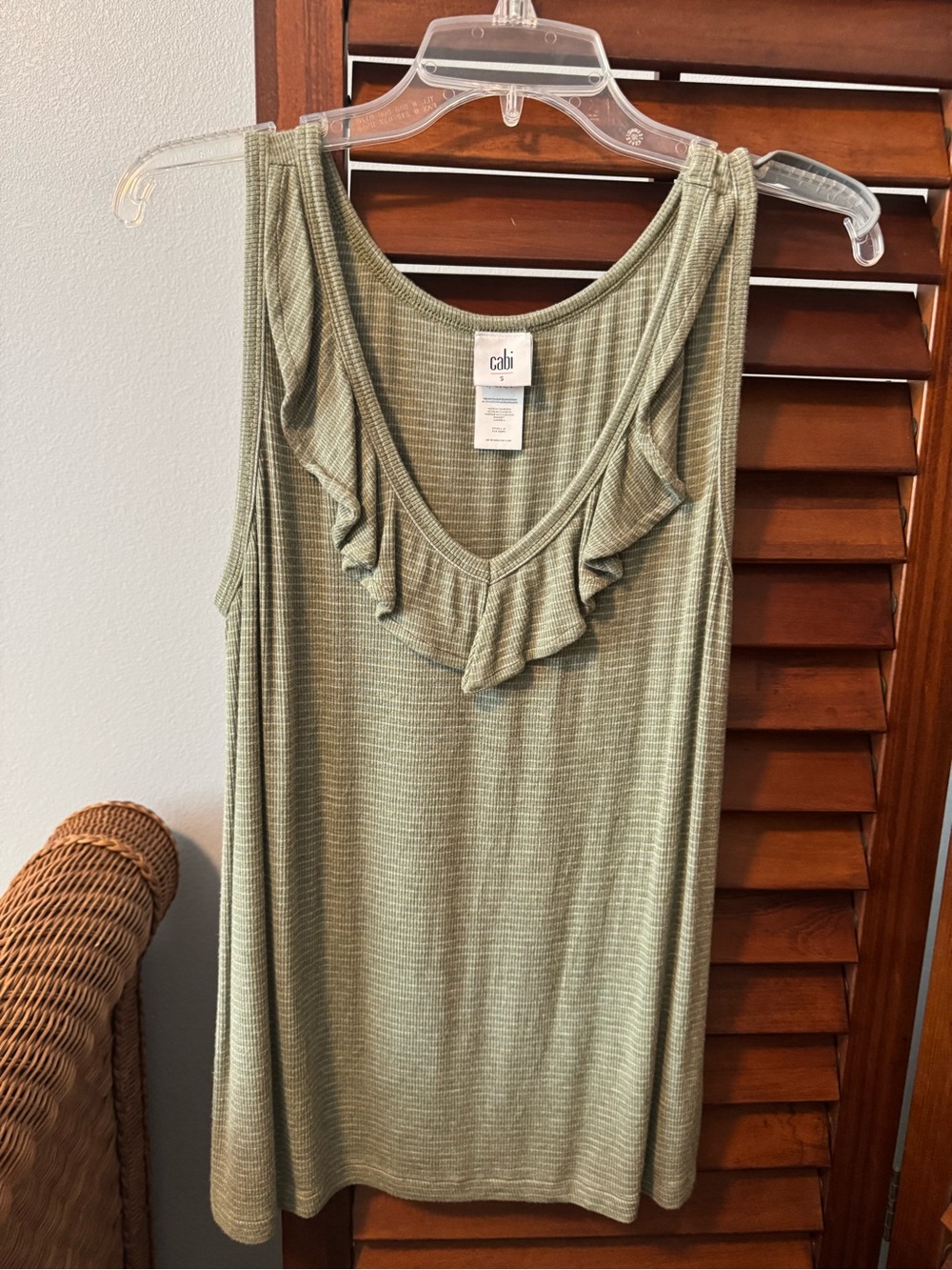 CAbi Sage Green Ruffle V-Neck Sleeveless Tank